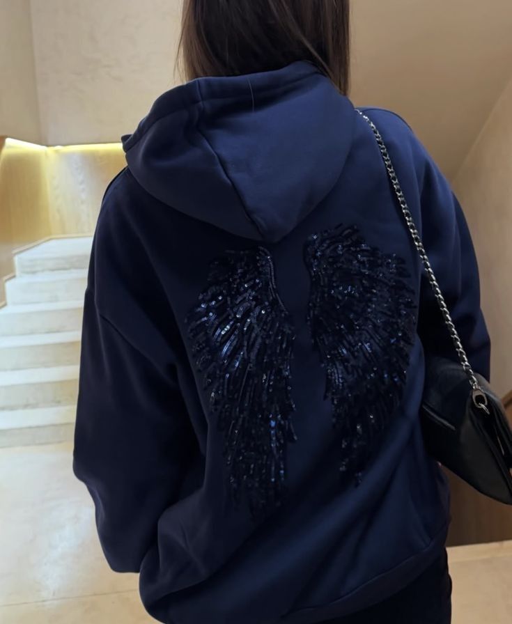 Sequin Embroidered Angel Wings Hoodie - Navy