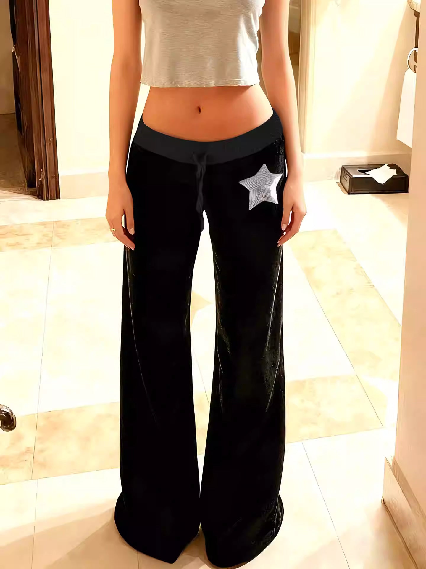 Velvet Star Flare Pants – Black