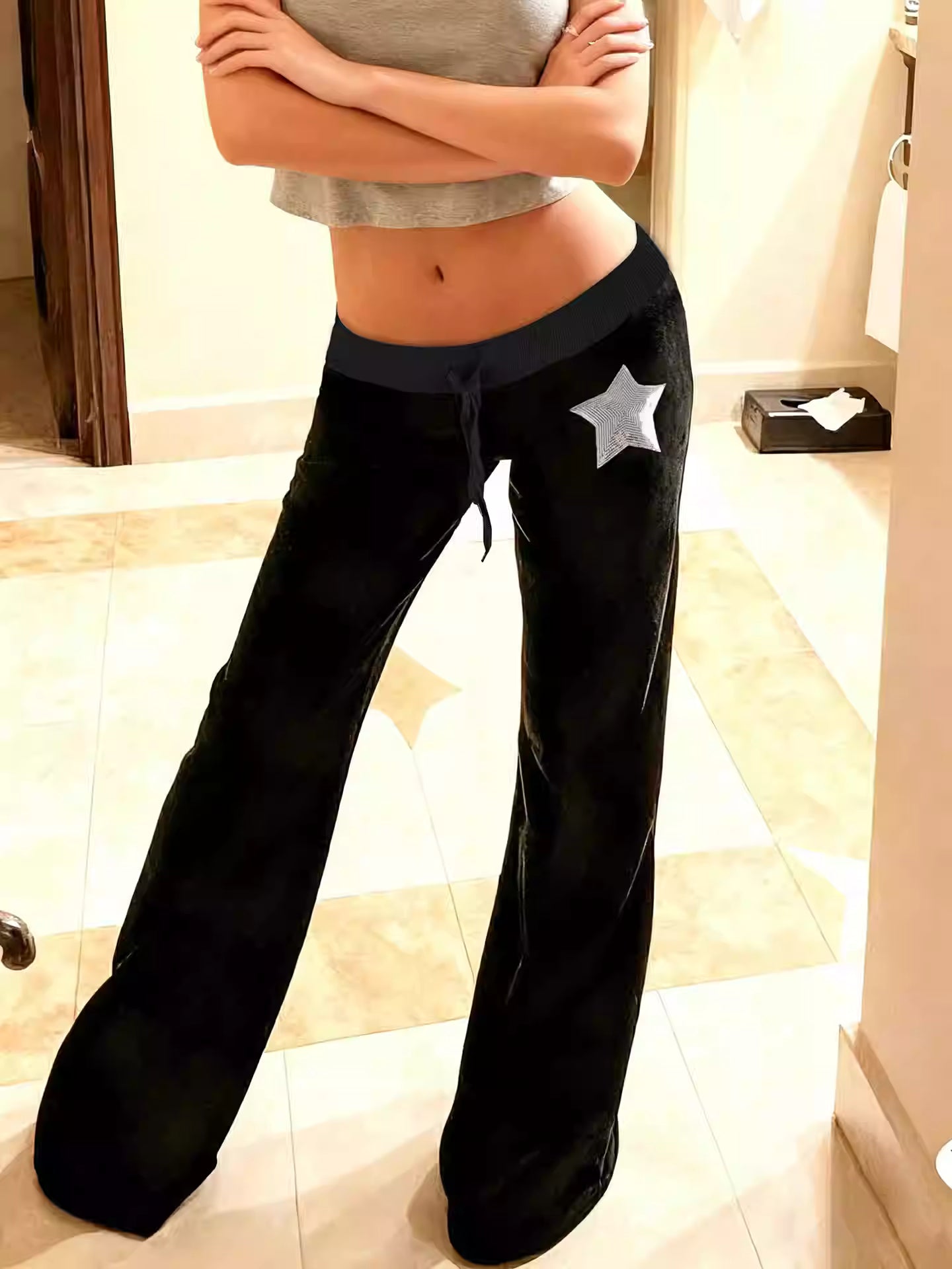 Velvet Star Flare Pants – Black